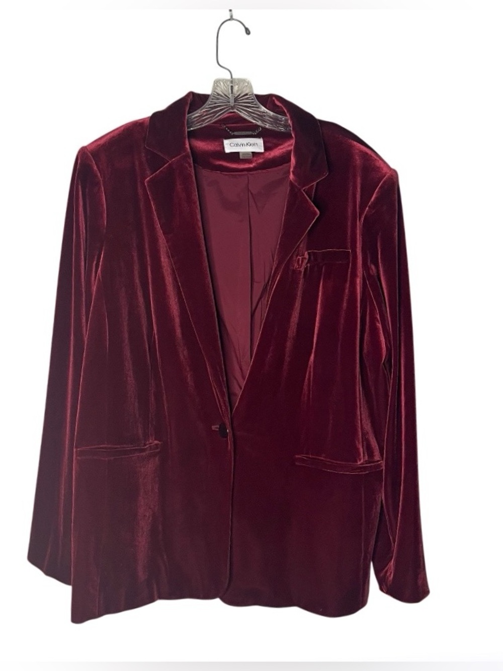 CALVIN KLEIN Burgundy Velvet Blazer One Button Closure Pockets Plus Size 20 W